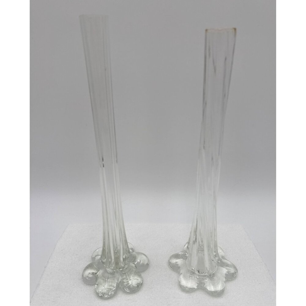 Vintage Hand-Blown Clear Glass Bud Vases With Fluted Design & Scalloped Base Pai